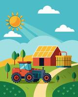 The sound of tractors humming and greenhouse fans whirring is rep by the soft buzzing of solar panels collecting energy at a farm powered entirely by the sun.. illustration. vector