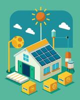 The solarpowered warehouse was a testament to modern technology harnessing the suns energy to power its hightech inventory and logistics systems.. illustration. vector