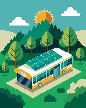 The solarpowered bus depot is situated in a remote area surrounded by lush greenery showcasing its commitment to sustainable practices.. illustration. vector