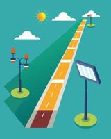 The solar panels lining the bike path not only illuminated the way but also powered charging stations for riders to charge their phones and devices.. illustration. vector