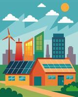 The solarpowered warehouse stood out a the other industrial buildings in the area its commitment to renewable energy visibly apparent to all who passed by.. illustration. vector