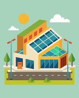 The shopping mall had gone green with the installation of solar panels on its roof a visible sign of its commitment to reducing its carbon footprint.. illustration. vector