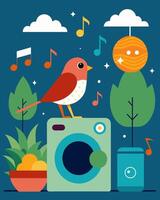The sounds of birds chirping and light music playing in the background a result of the laundromats reduced carbon emissions.. illustration. vector