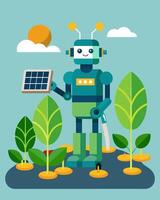 Using solar energy a robot with gentle arms plucks weeds from a vegetable garden leaving behind only healthy thriving plants.. illustration. vector