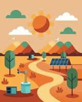 The onceempty desert landscape was transformed into a hub of innovation and clean energy with solar panels stretching out in every direction.. illustration. vector