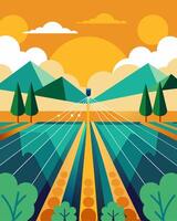 The gentle whir of solarpowered sprinklers can be heard in a serene sunfilled landscape as the system works tirelessly to keep the crops hydrated.. illustration. vector