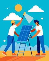 Two men delicately wiping down solar panels with soft cloths as the sun beats down on them.. illustration. vector