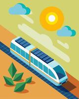 The innovative train travels along the coast its solar panels soaking up the suns energy and powering the train smoothly along the tracks.. illustration. vector