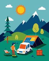 The modern camper set up their campsite with ease setting up their solarpowered battery pack in the perfect spot to absorb the most sunlight for charging.. illustration. vector