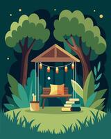 The librarys outdoor reading nook surrounded by lush greenery and illuminated by solarpowered string lights hanging from the nearby trees.. illustration. vector