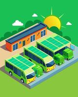 The newly built solarpowered bus depot stands out with its bright green exterior and rows of sleek buses powered entirely by renewable energy.. illustration. vector
