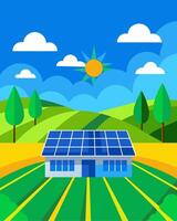 Under the bright blue sky solar panels glisten on the farm creating a vibrant mosaic of green and silver ast the fields.. illustration. vector