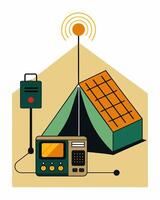 The emergency radio in the communication tent is powered by solar panels ensuring a constant flow of vital information for the residents of the relief camp.. illustration. vector