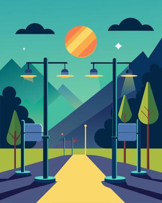 The solarpowered light posts illuminating the parks outdoor gym for evening workouts.. illustration.