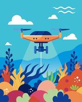 The solarpowered drone zeroed in on a delicate coral reef capturing stunning images of marine life without causing any harm or pollution.. illustration. vector