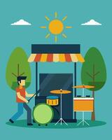 The entrance to a local market is marked by a solarpowered drum set inviting shoppers to join in on a lively and energetic shopping experience.. illustration. vector