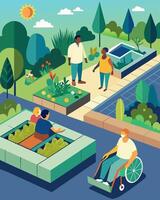 The solarpowered garden is designed with accessibility in mind with raised garden beds and paved pathways allowing people of all abilities to enjoy the space.. illustration. vector
