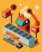 The loud hum of machines fills the room as solar cells are precisely and shaped into their designated sizes.. illustration. vector
