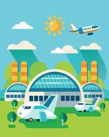The hangars at this ecofriendly airport are taking off into the future equipped with solar panels to power their operations.. illustration. vector