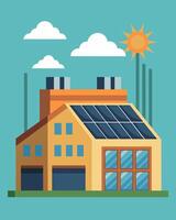 The factory runs on solar power itself with large arrays of panels lining the roof and providing clean energy to operate the machines.. illustration. vector