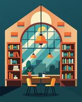 The librarys coffee shop featuring a cozy and inviting atmosphere with plenty of sunlight streaming in through the large windows and solarpowered lighting.. illustration. vector