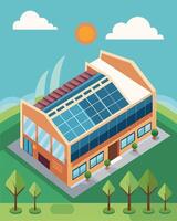 The large shopping mall had taken a sustainable turn proudly displaying rows of solar panels on its roof a statement of their commitment to renewable energy.. illustration. vector