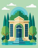 The librarys main entrance adorned with a solarpowered fountain and surrounded by lush greenery creating a tranquil and welcoming atmosphere for visitors.. illustration. vector