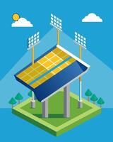 The panels on the stadium not only generate power but also provide shade for spectators creating a more comfortable viewing experience while being environmentally friendly.. vector