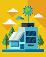 The modern and sleek solarpowered cooling center stands as a symbol of progress and innovation in the community using renewable energy to combat the effects of climate change.. vector