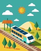 The lack of noise pollution from fossil fuels was a welcome change at the train station where solar panels silently powered the arriving and departing trains.. illustration. vector