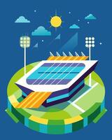 The once dimlylit stadium was now brilliantly illuminated with the help of renewable solar energy making it a pioneering example for other sports venues to follow.. illustration. vector