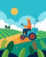 The farmer headed out to the fields on his solarpowered ATV checking on the status of the crops and surveying for any signs of pests.. illustration. vector