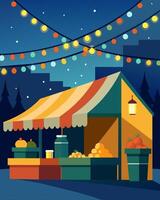 The markets bright and cheerful atmosphere is matched only by the warm glow from the solarpowered string lights overhead providing a cozy ambiance for shoppers.. illustration. vector