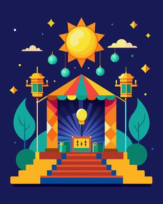 The main stage at a cultural festival is adorned with colorful solar lanterns illuminating the performances with sustainable energy.. illustration.