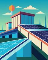 The clean lines of a solar array on a commercial buildings rooftop add a modern aesthetic to its surroundings.. illustration. vector