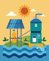 Solarpowered desalination systems are utilized in coastal areas affected by tsunamis providing muchneeded freshwater for drinking and hygiene purposes.. illustration. vector