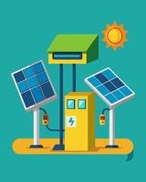The charging station is equipped with multiple solar panels strategically p to capture the most sunlight and efficiently power up electric vehicles.. illustration. vector
