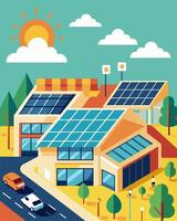 The busy shopping center was an unexpected display of renewable energy with its rooftop solar panels shining proudly in the sun.. illustration. vector