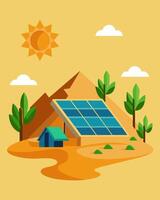 The desert was transformed into a green oasis thanks to the acres of solar panels that generated clean energy while also shading the sand.. illustration. vector