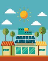 The rooftop of the shopping center was a testament to sustainability with its neatly arranged solar panels facing the sun ready to soak up its energy.. illustration. vector