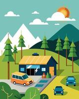 The parking lot of the nature reserves visitor center features a solarpowered charging point encouraging visitors to reduce their carbon footprint while exploring the reserve.. vector