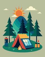 The crisp morning air is filled with the scent of pine as campers at a solarpowered forest campsite wake up to a fully charged battery courtesy of the solar panels that line the. vector