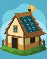 The rustic centuriesold farmhouse seemed to be frozen in time except for the addition of a few unobtrusive solar panels on its picturesque thatched roof.. illustration. vector