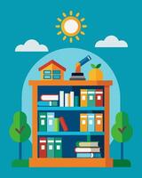 The schools library boasts a large collection of books and resources about solar energy and its benefits for the environment.. illustration. vector