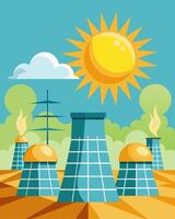 Sparkling in the sunlight the solar panels absorb energy to keep the cooling towers functioning even on the hottest days.. illustration. vector
