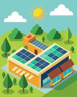 The shopping centers rooftop was a sight to behold covered in a mosaic of solar panels each one contributing to a greener future.. illustration. vector