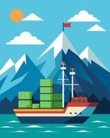 The cargo ship with its towering masts and solar panels dwarfed by the majestic mountains in the distance as it sails towards its destination.. illustration. vector