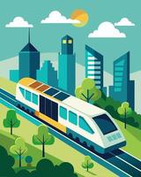 The citys new solar powered train silently glides through the streets reducing both noise pollution and carbon emissions.. illustration. vector