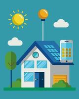 The power of the sun fuels a hightech home automation system allowing homeowners to control everything from lighting to security with the push of a button.. illustration. vector