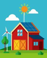 The traditional red barn on the farm has been upgraded with a sleek array of solar panels on its roof providing clean energy for the entire property.. illustration. vector